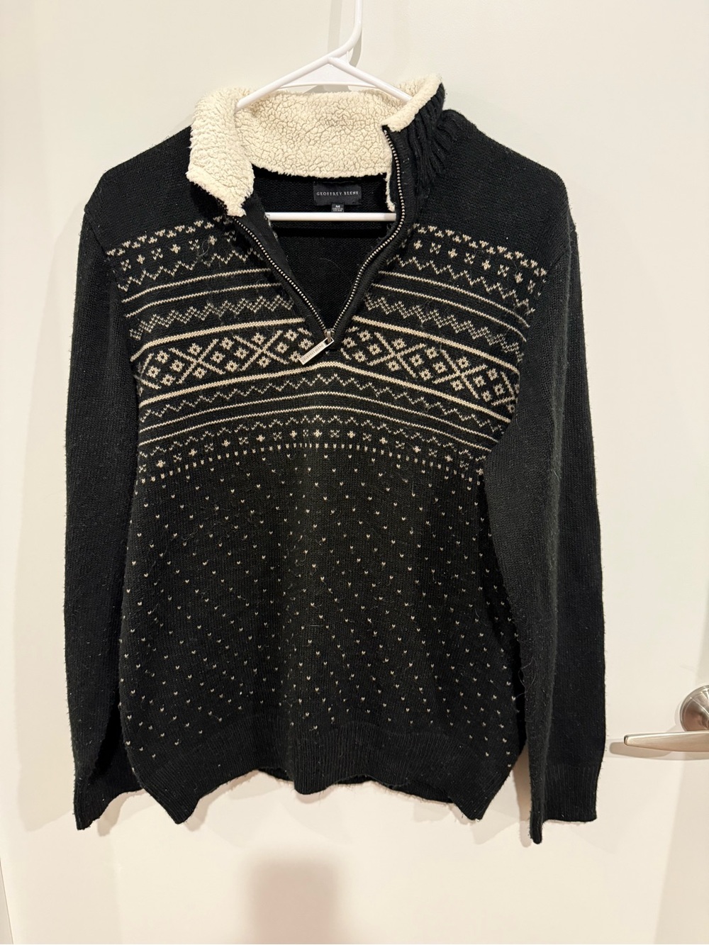 Geoffrey Beene Black Sweater with Cream Fair Isle Trim